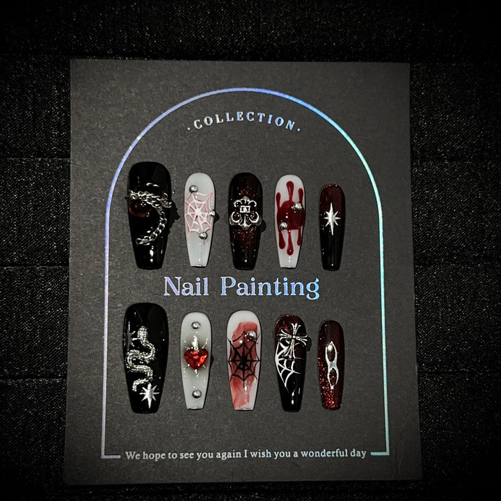 Gothic-Inspired Press-On Nail Art Set with 3D Embellishments