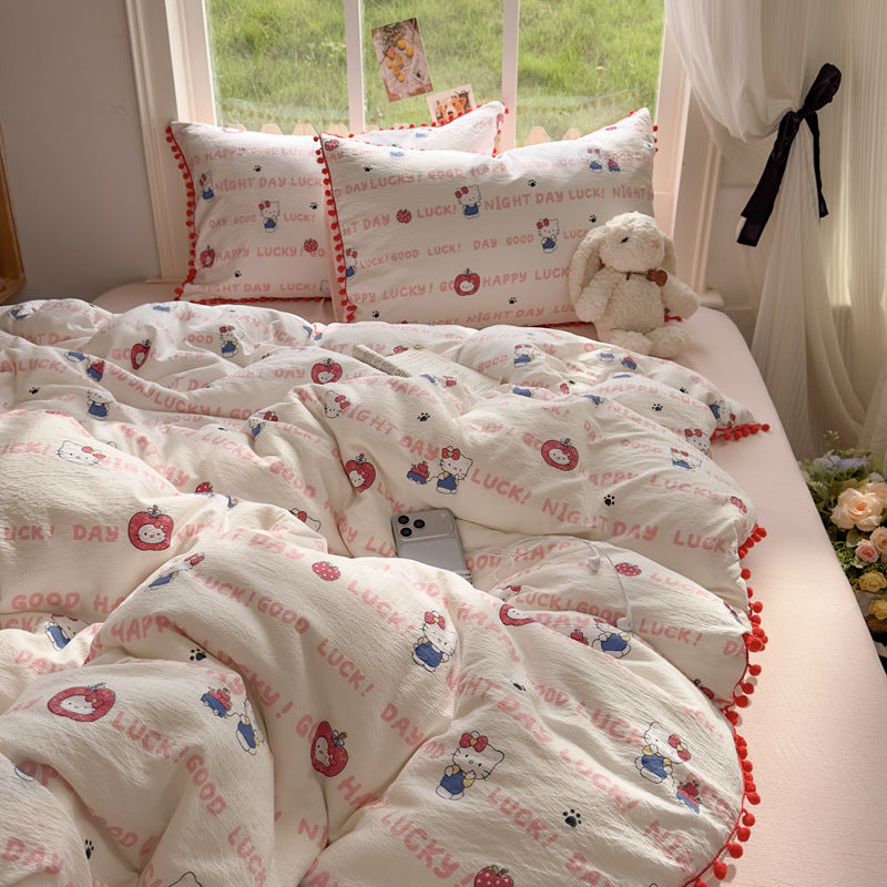 Lightweight Textured Cotton Cartoon Duvet Cover Set with Pom-Pom Trim