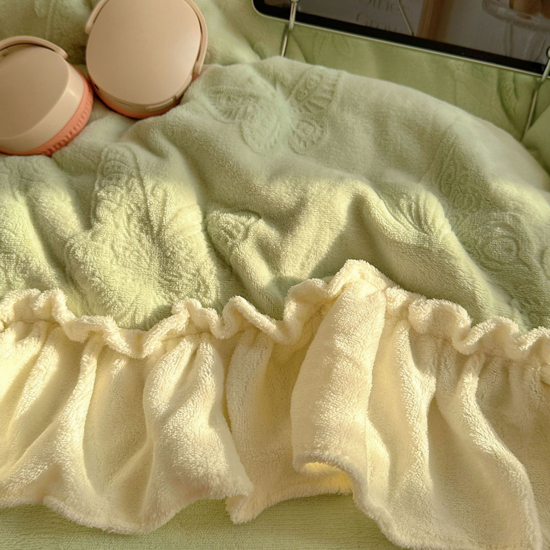 Plush Embroidered Butterfly Microfleece Reversible Comforter with Ruffle Trim