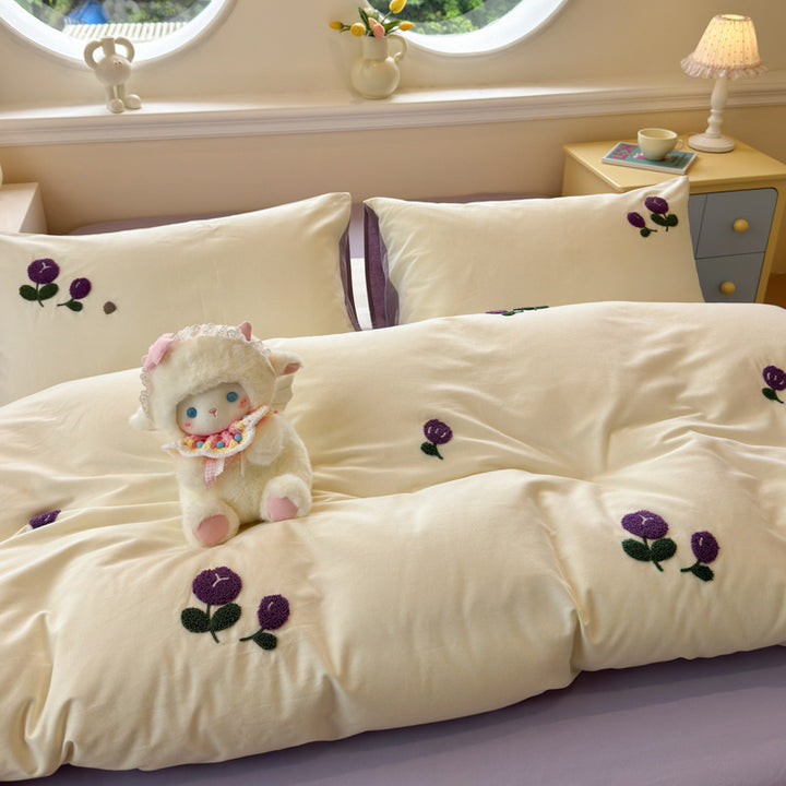 Plush Embroidered Cherry Motif Comforter and Pillow Sham Set