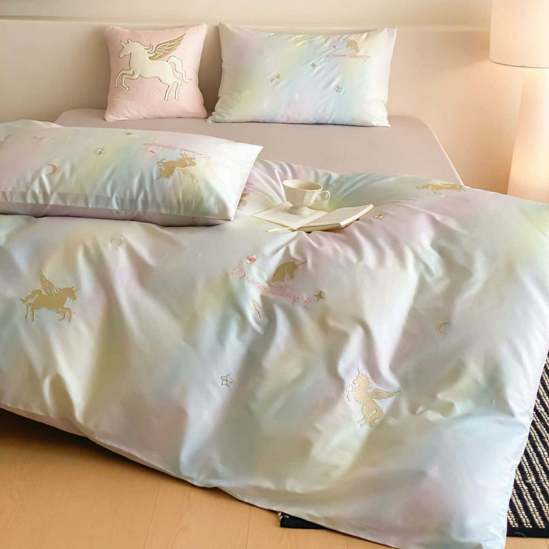 Dreamscape Unicorn Satin Duvet Cover Set with Decorative Pillowcases