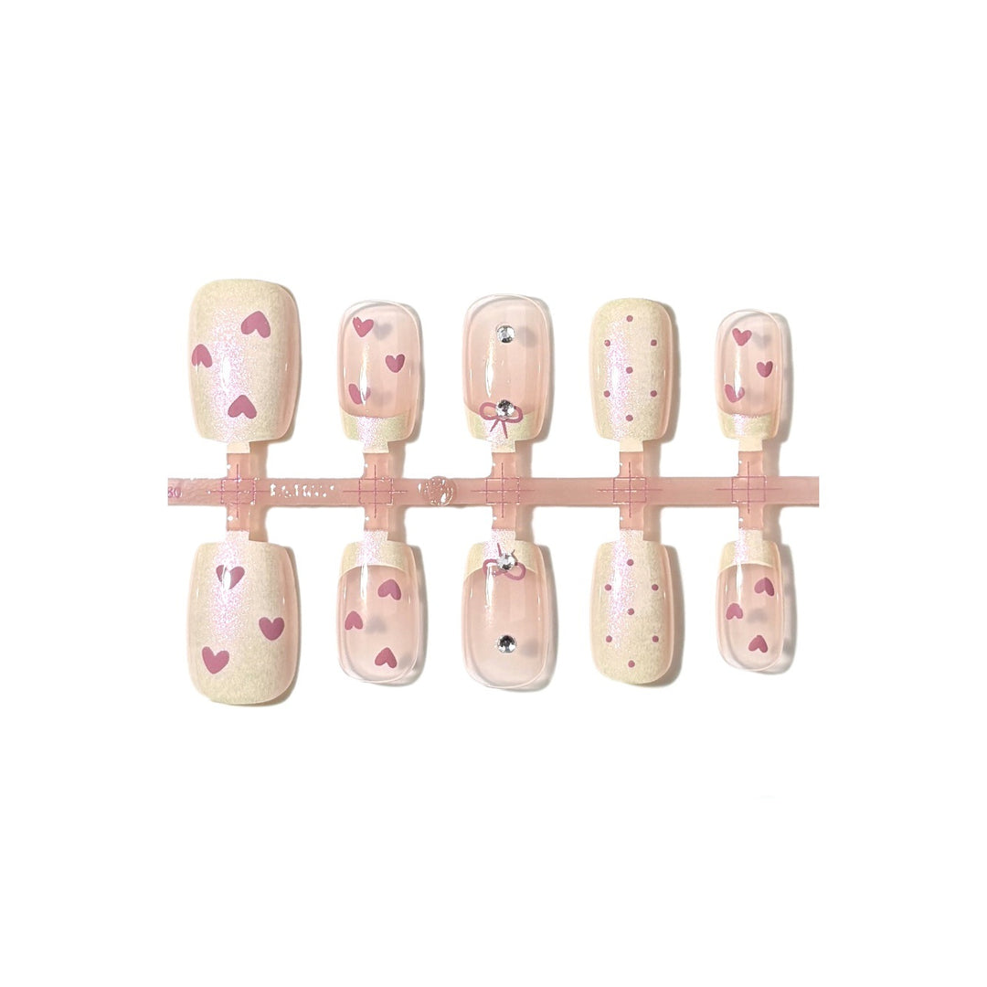 Decorative Press-On Nail Set with Heart and Bow Designs