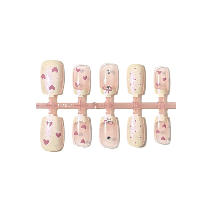 Decorative Press-On Nail Set with Heart and Bow Designs