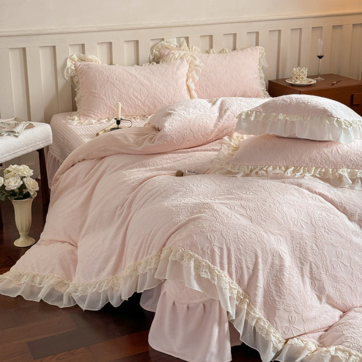 Quilted Jacquard Duvet Cover Set with Lace Ruffle and Decorative Pillow Shams