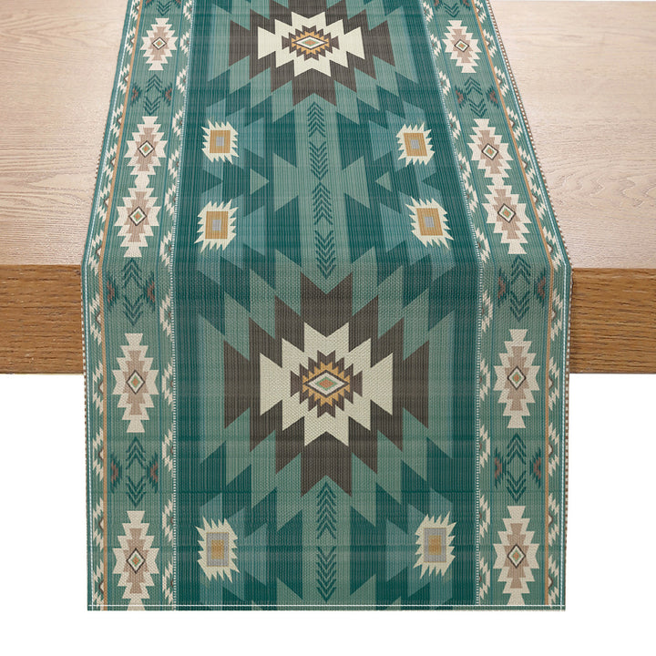 Southwestern Pattern Cotton-Linen Table Runner with Aztec Geometric Print