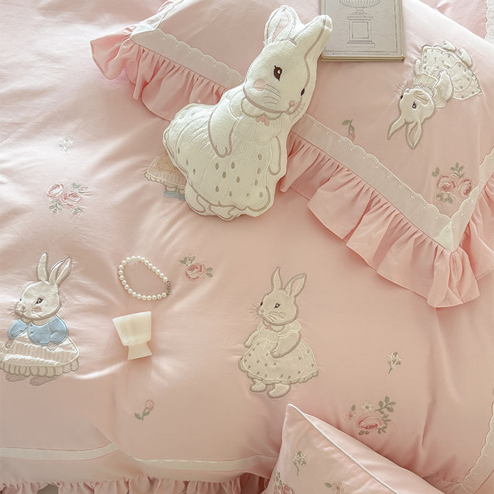 Ruffled Appliqué Embroidered Bunny Duvet Cover and Sham Set