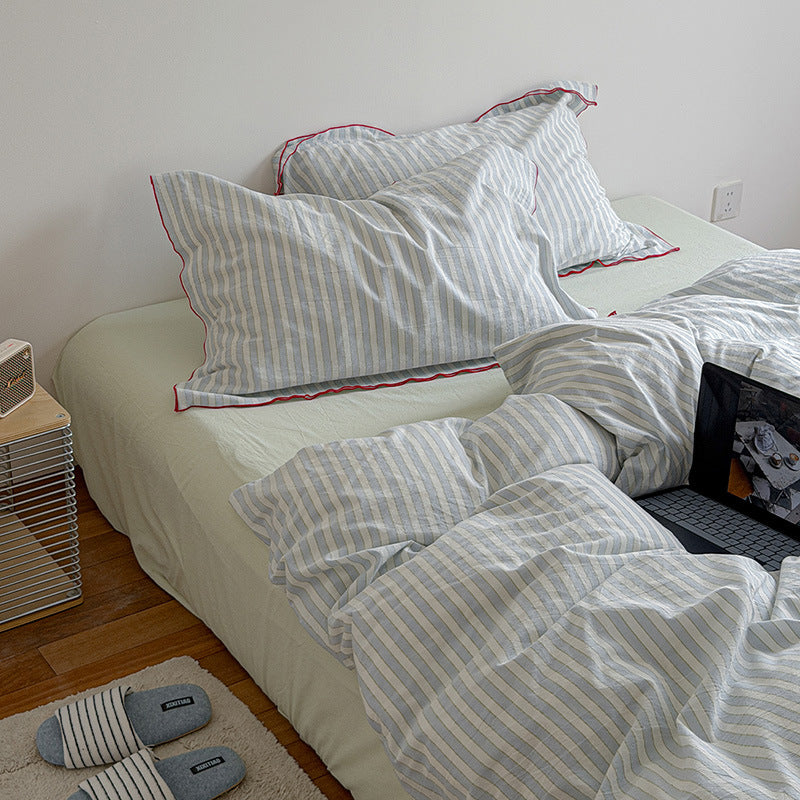 Striped Cotton-Linen Duvet Cover and Pillowcase Set with Brushed Soft Breathable Weave