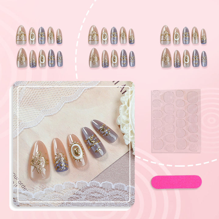 Decorative Press-On Nails Set with Elegant Gold Accents