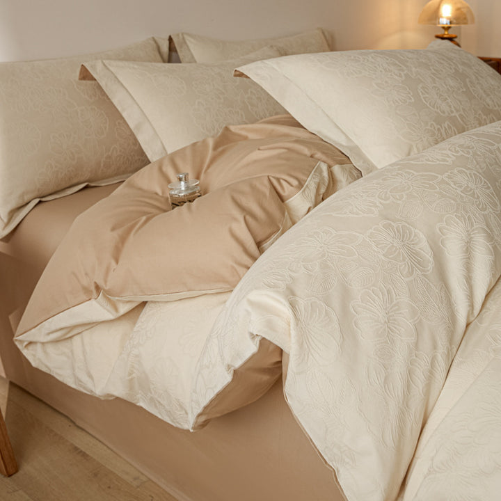 Floral Jacquard Cotton Duvet Cover Set with Pillowcases and Hidden Zipper