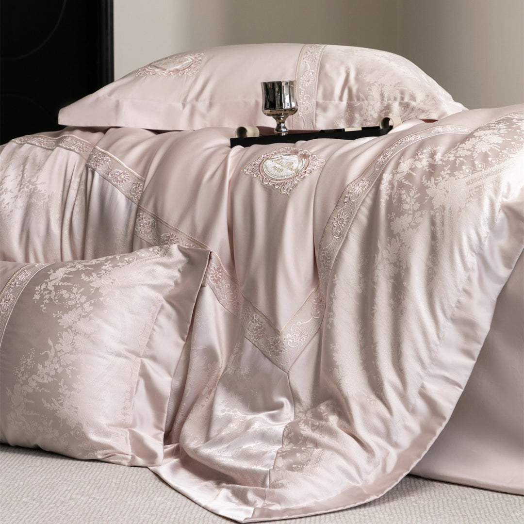 Luxurious Embroidered Satin-Jacquard Duvet Cover Bedding Set with Medallion and Lace Border