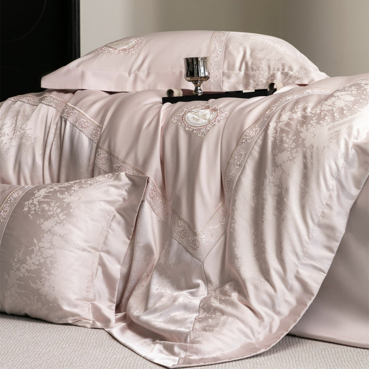 Luxurious Embroidered Satin-Jacquard Duvet Cover Bedding Set with Medallion and Lace Border