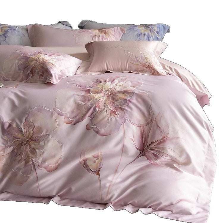 Silky Sateen Hydrangea-Print Duvet Cover Set with Reversible Back and Decorative Shams