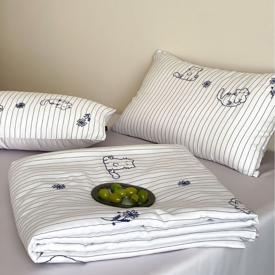 Cotton satin bed sheet and pillowcase set with fine pinstripe and subtle embroidery