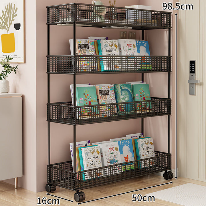 Freestanding Four‑Tier Metal Mesh Book and Display Shelf Rack