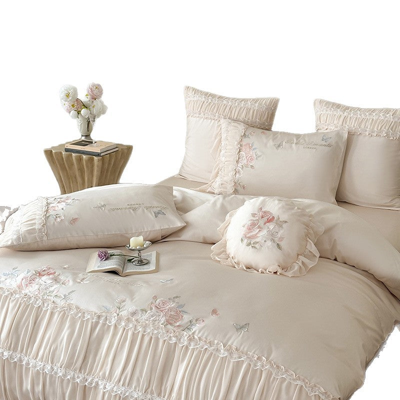 Luxury Embroidered Ruffled Satin Duvet Cover Set
