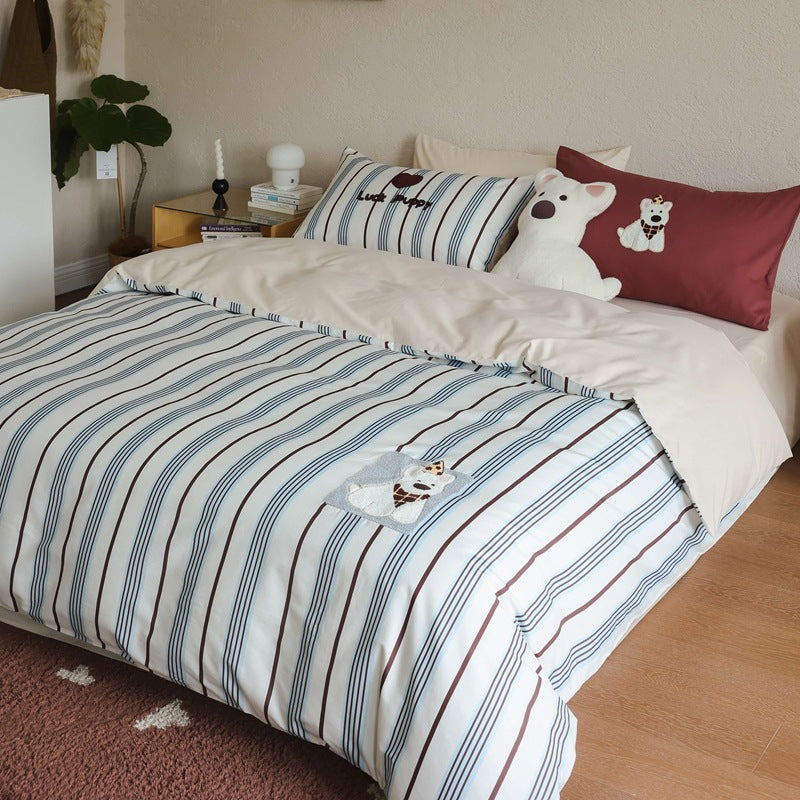 Striped Duvet Cover Set with Embroidered Puppy Appliqué and Matching Pillowcases