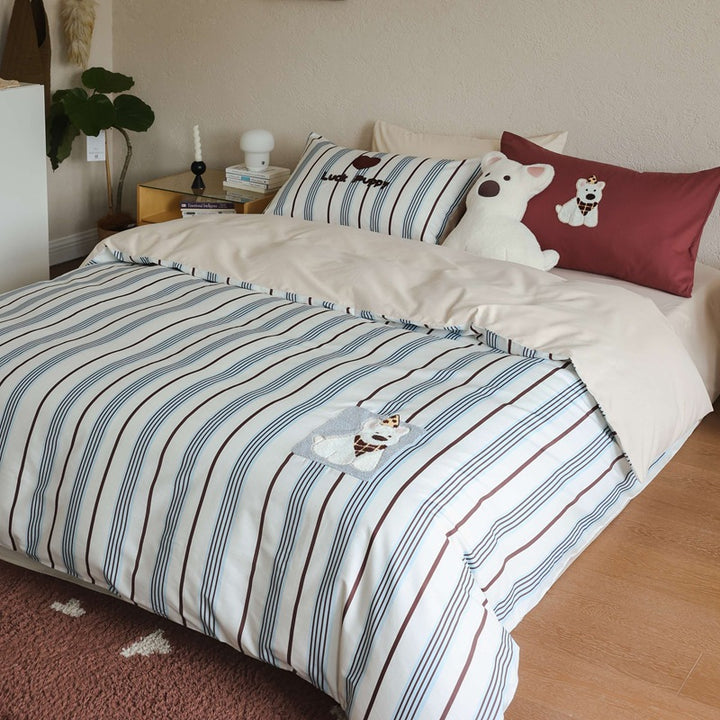 Striped Duvet Cover Set with Embroidered Puppy Appliqué and Matching Pillowcases