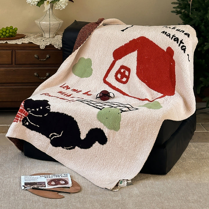 Plush Jacquard Throw Blanket with Playful Cat and Chair Motif