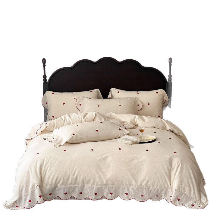 Scalloped Embroidered Heart Linen Duvet Cover Bedding Set with Ruffled Edge and Pillow Shams