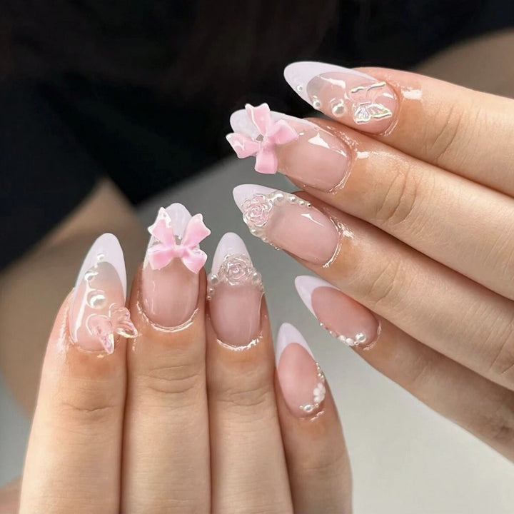 Artificial nail set with romantic flower and glitter accents Stornfield