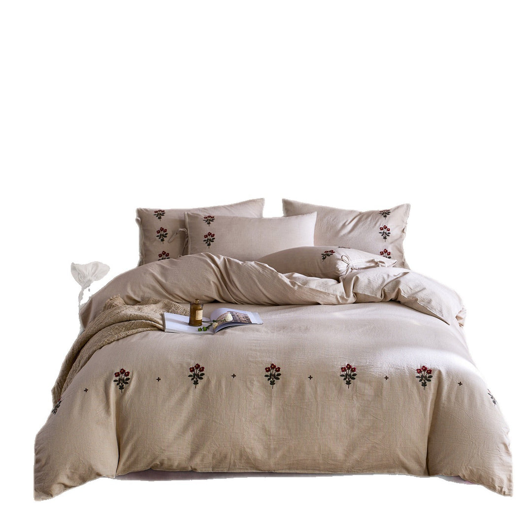 Embroidered Pinstripe Cotton-Linen Duvet Cover Set with Tie-Closure Pillow Shams