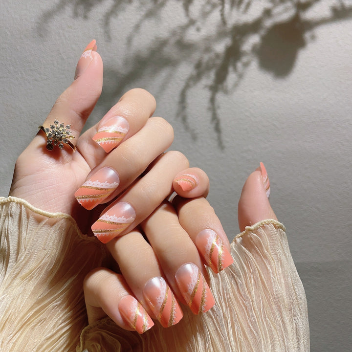 Decorative Press-On Nail Art Set with Gold Accents