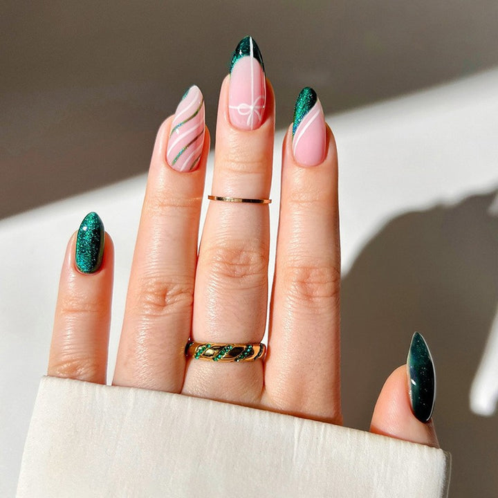 Decorative Press-On Nail Set with Glitter and Striped Design Stornfield