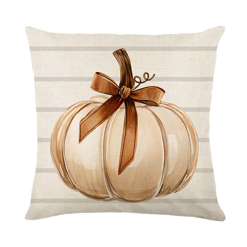 Rustic Farmhouse Autumn Pumpkin Linen-Cotton Throw Pillow Cover with Buffalo Check Bow Print