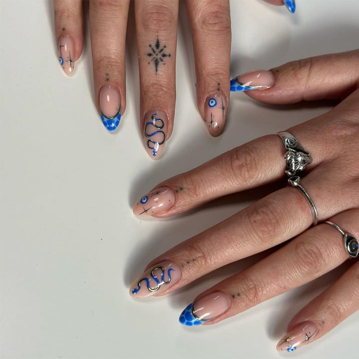 Artistic Stiletto Press-On Nails with Decorative Blue Elements Stornfield