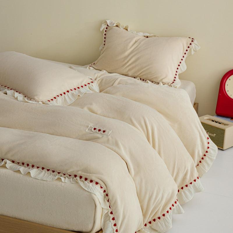 Plush Ruffled Pom-Pom Trim Duvet Cover Set