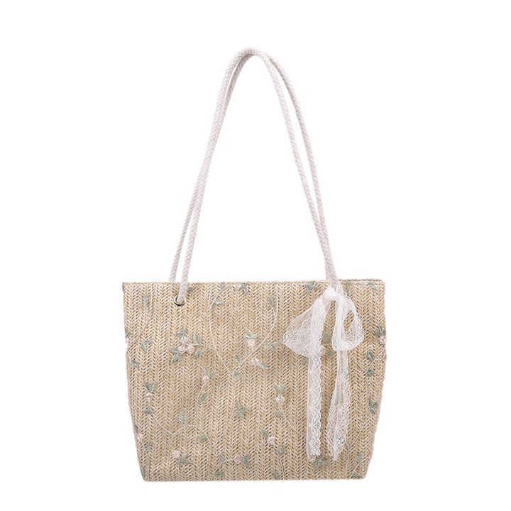 Woven Straw Beach Tote Bag with Decorative Ribbon