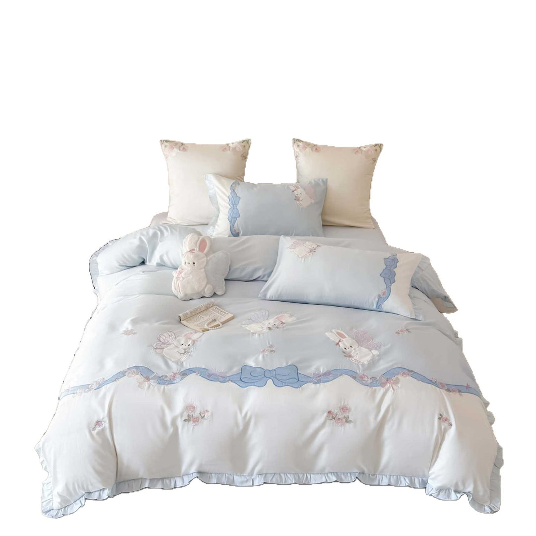 Pastel Embroidered Bunny Cotton Duvet Cover Set with Ruffled Hem and Decorative Bow Motif