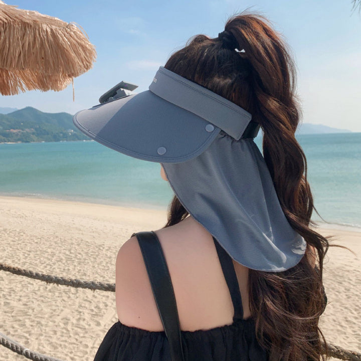 Visor with integrated solar fan, solar module, and neck protection Stornfield