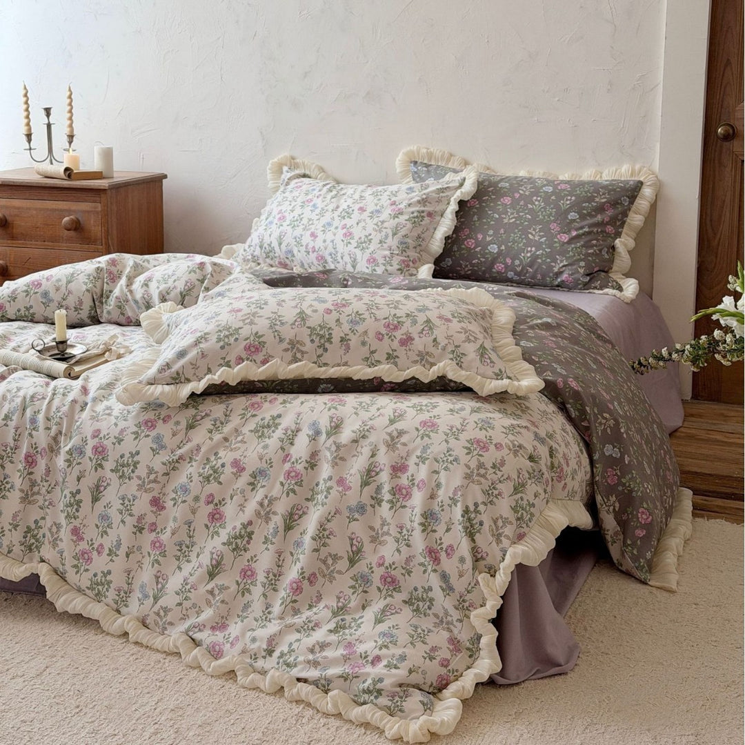 Ruffled Floral Cotton Duvet Cover Set with Frilled Edges