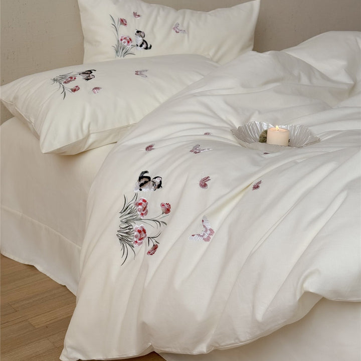 Embroidered Cotton Sateen Duvet Cover Set with Cat and Floral Motif