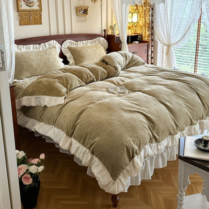 Embroidered Plush Velvet Ruffled Duvet Cover Set with Pleated Skirt