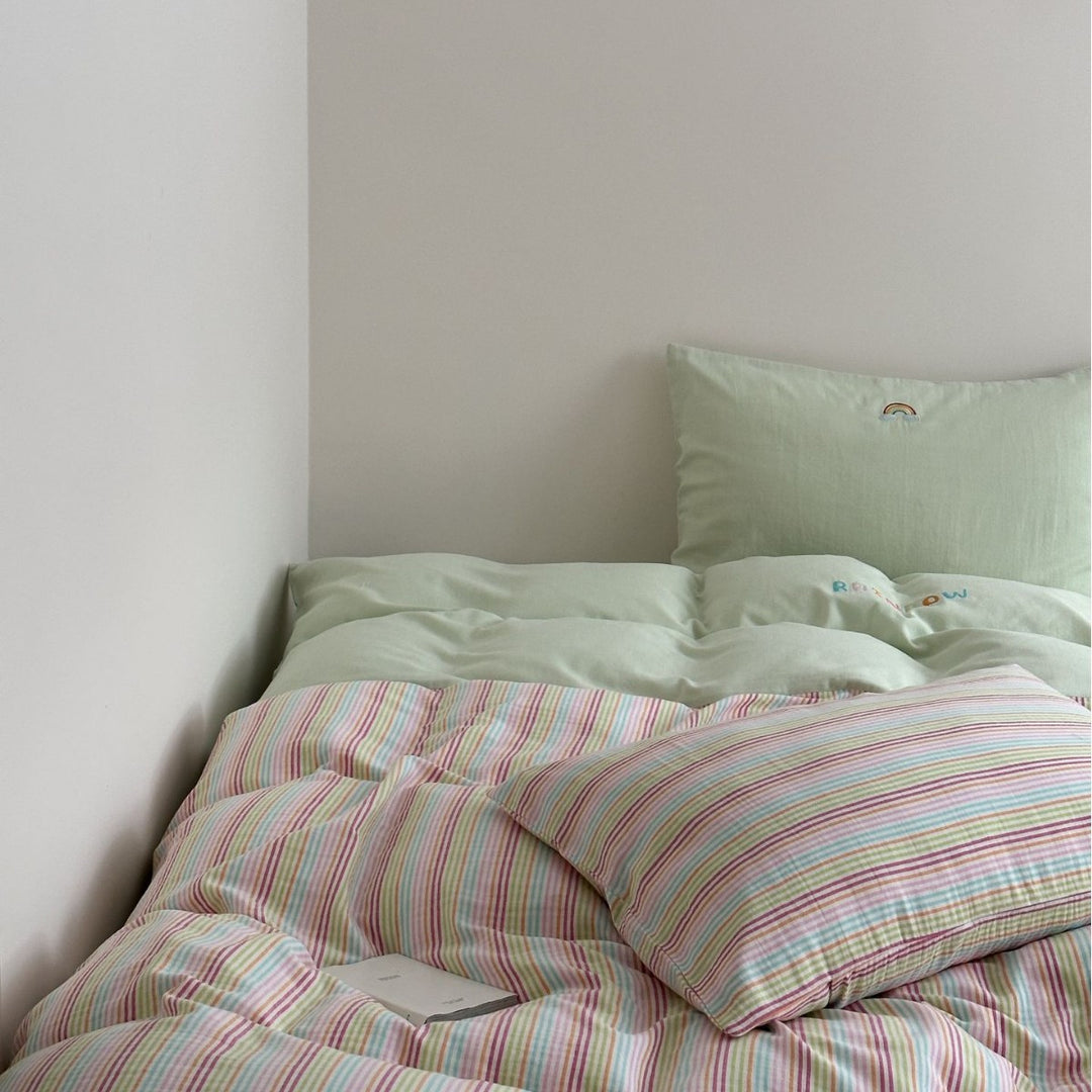 Reversible Striped Cotton Duvet Cover Set with Embroidered Rainbow Accent