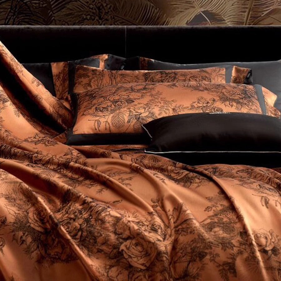 Silk-Feel Botanical Toile Satin Duvet Cover Ensemble with Matte Border and Envelope Shams