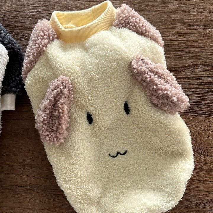 Plush Sherpa Dog Sweater with 3D Curly Ears and Embroidered Face