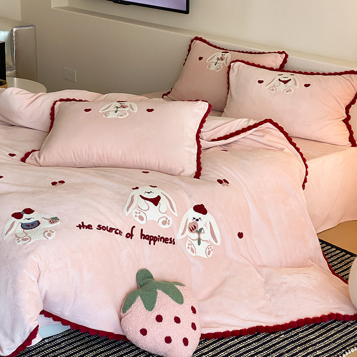 Plush Embroidered Bunny Duvet Cover Set with Pom-Pom Scalloped Trim