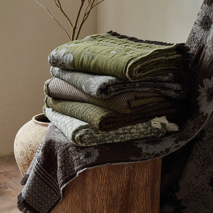 Jacquard Floral Textured Throw Blanket with Fringed Edge