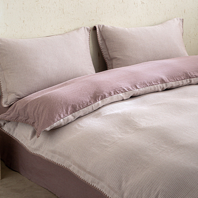 Linen-Cotton duvet cover set with fine striped texture and decorative trim