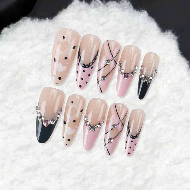 Artistic Press-On Nail Set with Elegant Patterns and Gems Stornfield