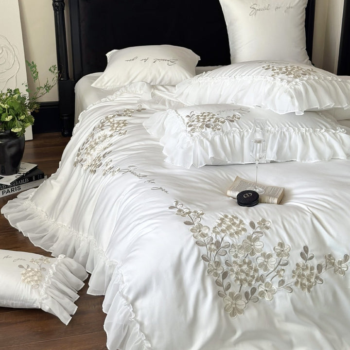 Romantic Ruffled Satin‑Feel Floral Appliqué Duvet Cover Ensemble