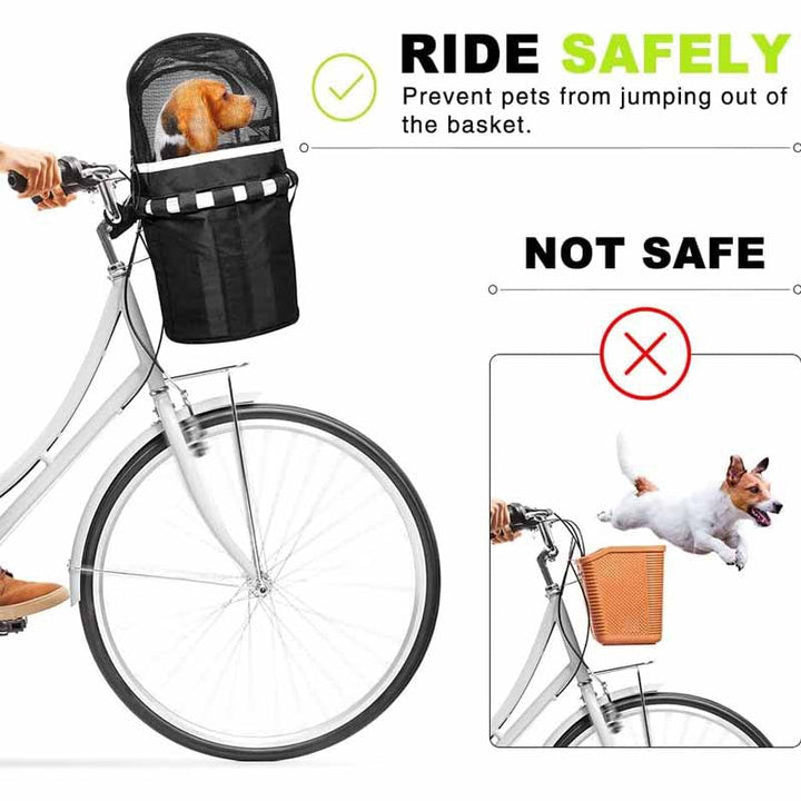 front-mounted pet bike basket with breathable mesh canopy reflective trim and secure strap system Stornfield