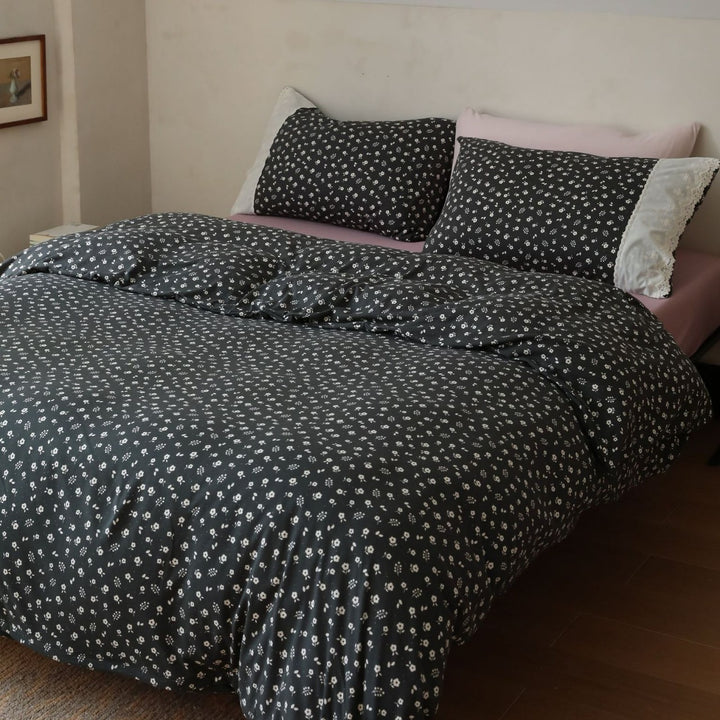 Floral Microcotton Duvet Cover Set with Lace-Trim Pillow Shams