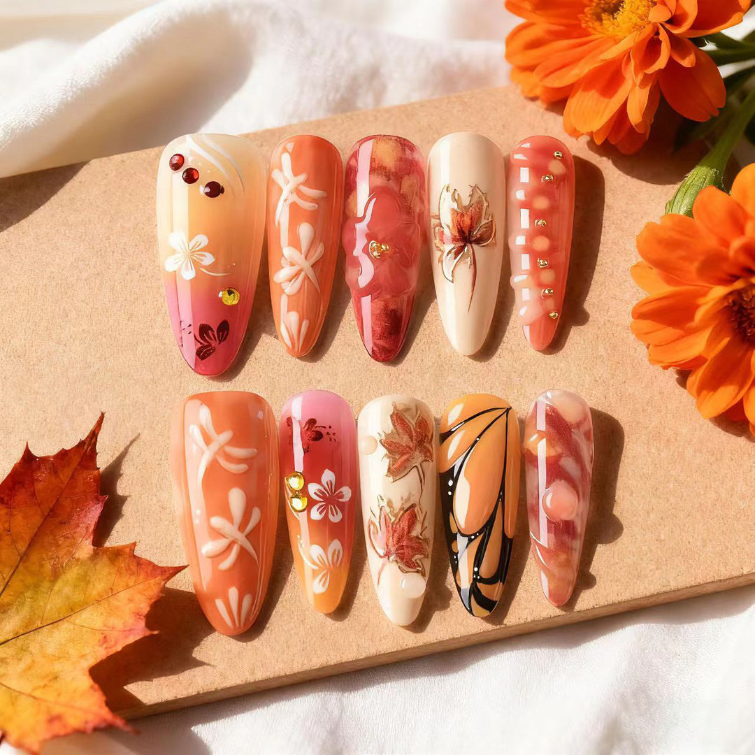 Artistic Autumn-Inspired Press-On Nail Art Set Stornfield