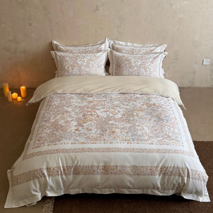 Luxury Cotton Sateen Floral Duvet Cover Set with Framed Border Pillow Shams