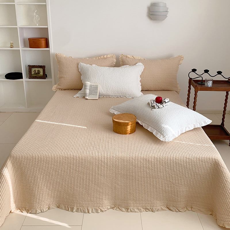 Waffle-Texture Ruffled-Hem Bedspread and Quilted Pillow Sham Set