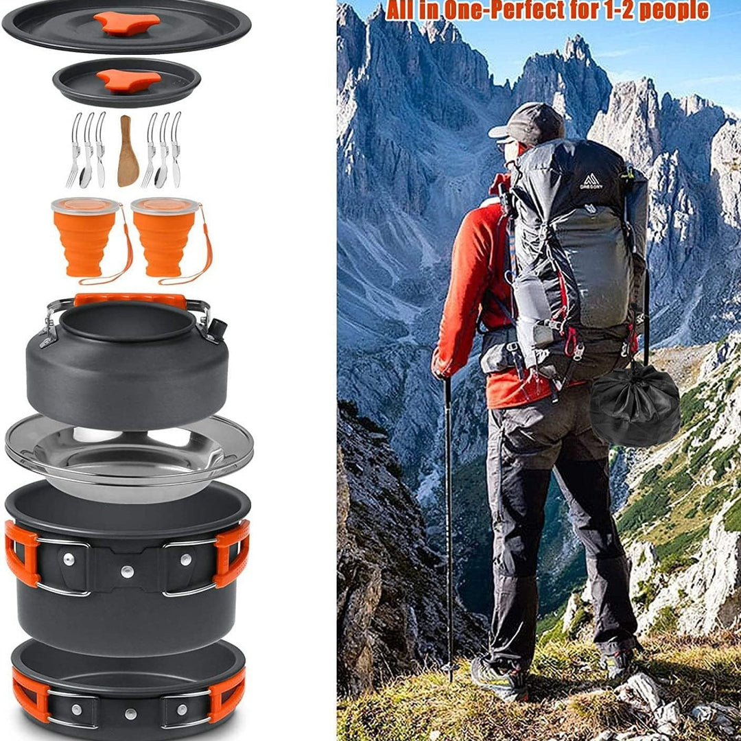lightweight nonstick anodized aluminum camping cookware set with folding-handle pot and kettle, collapsible silicone cups, stainless plates and cutlery Stornfield